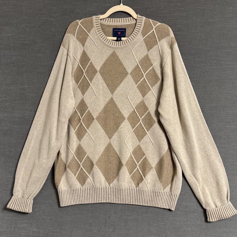 Saddlebred Sweater Large Beige Brown Argyle Cotton Prep Retro Casual Grandpa 3D